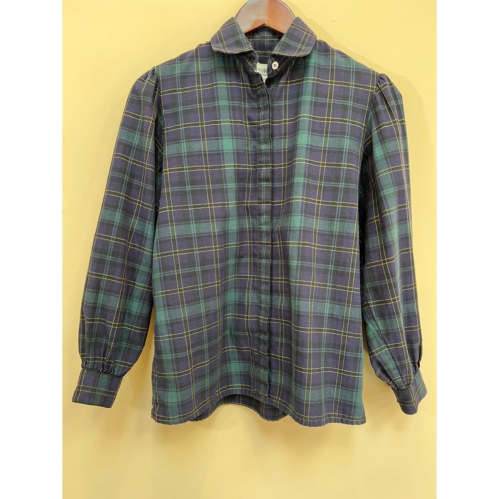 Ports International Vintage Shirt Womens 4 Blue Tartan Plaid Puff Sleeve